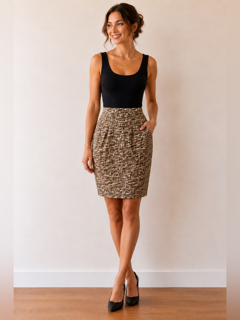 Banana Republic Silk Midi Pencil Skirt Gold Ivory Geometric Print Pleated Size 4
